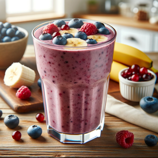 A large glass of smoothie made from blueberries, raspberries, cranberries, and banana, mixed with protein-enriched almond milk.